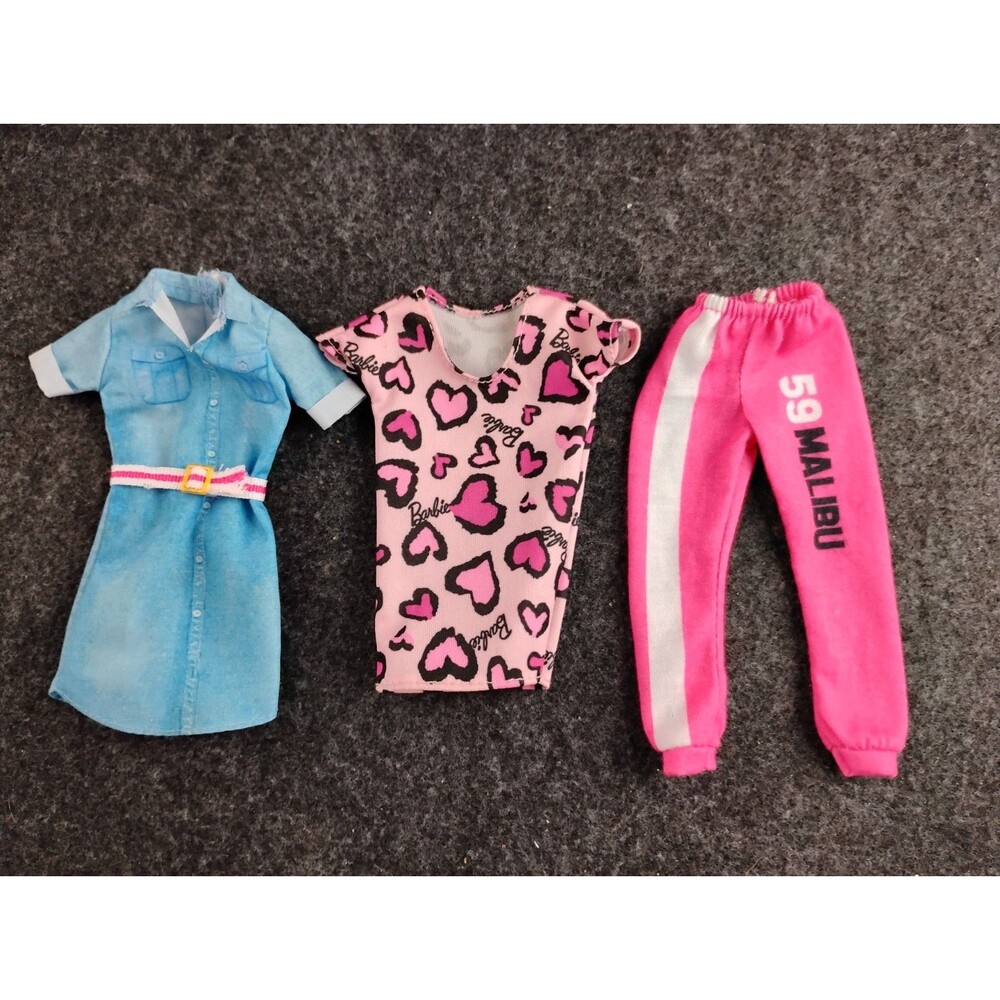 BARBIE Clothes Mixed Lot Blue Faux Denim, Pink Heart Dress & Malibu Jogger Pants